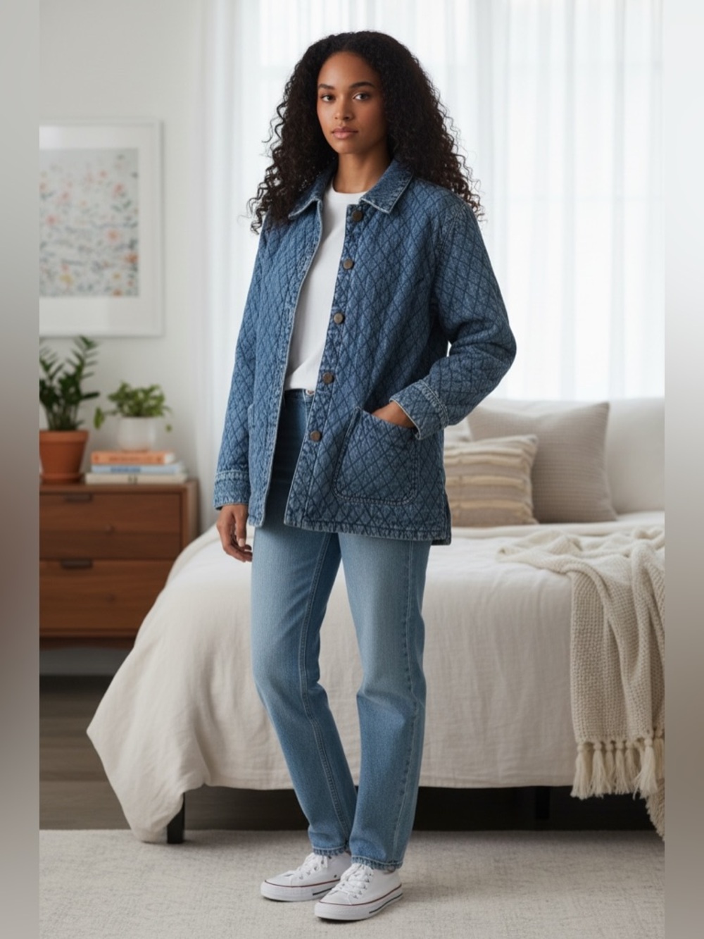 Vtg Denim Quilted Jean Jacket with Floral Embroidery pockets L